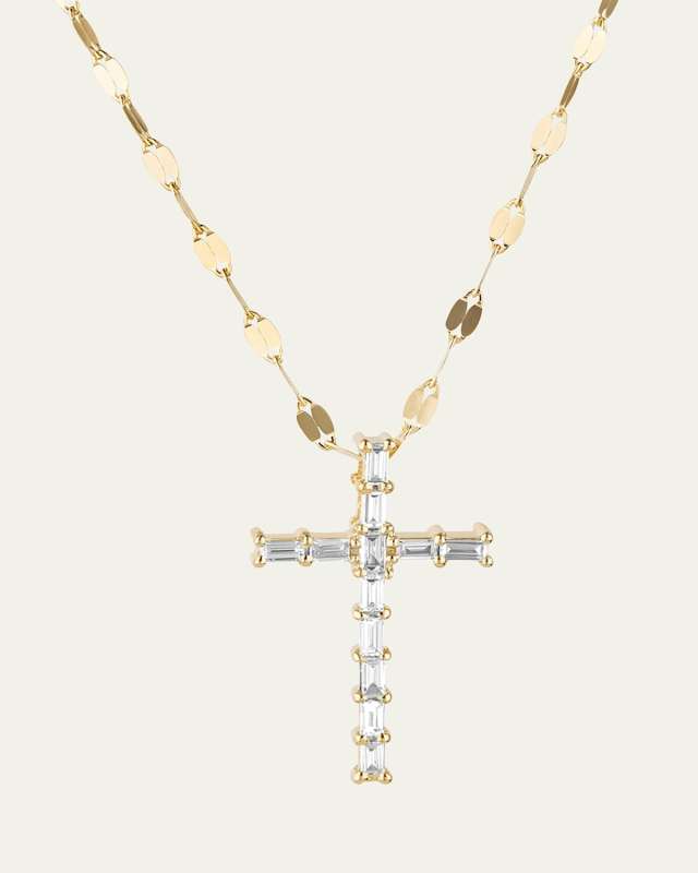 14K Gold Baguette Everyday Cross Pendant Necklace with Jump Ring, 16-18"L